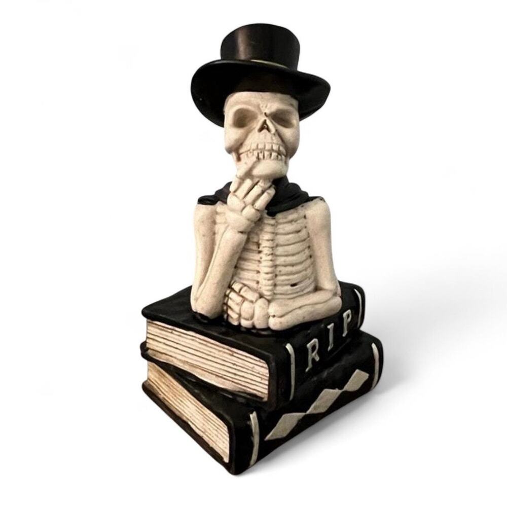 Thinking Skeleton Top Hat RIP Books Halloween Gothic Table Decor NEW